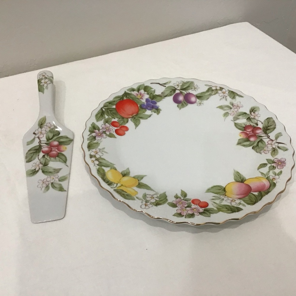 Andrea by Sadek “Fruit & Blossom” Cake Plate & Server — Scalloped Porcelain,